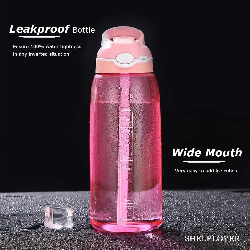 SHELFLOVER Pink Water Bottle With Narrow Straw, BPA FREE Clear Bottles With Handle One Hand Use Easy Carried, Flip Up, Suit School, Office, Gym, Office For Women, 32oz (1000ml)