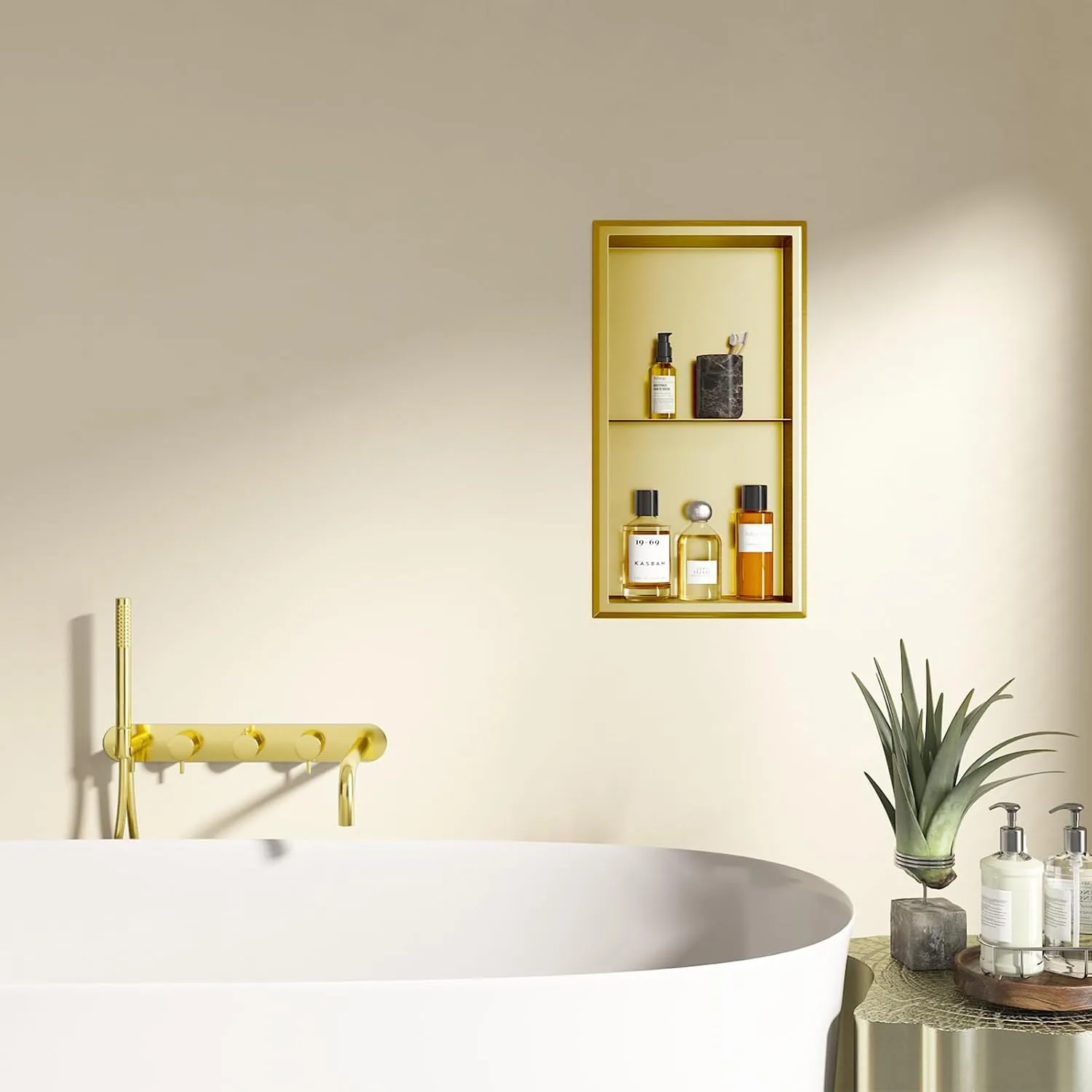 Shower Niche, 12" x 24" Gold Bathroom Niche No Tile Needed, Two-Tier Wall Niche, Double Shelves Wall Insert Bathroom Organizer, 304 Stainless Steel Recessed Shower Shelf for Shower
