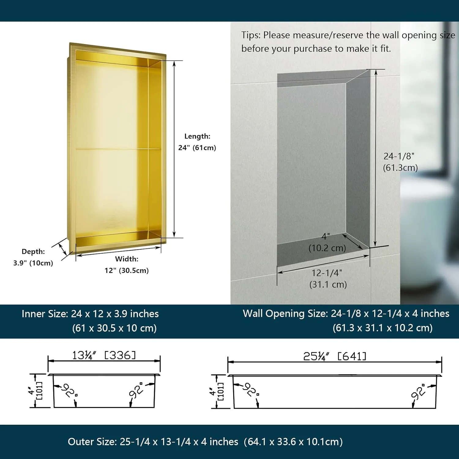 Shower Niche, 12" x 24" Gold Bathroom Niche No Tile Needed, Two-Tier Wall Niche, Double Shelves Wall Insert Bathroom Organizer, 304 Stainless Steel Recessed Shower Shelf for Shower
