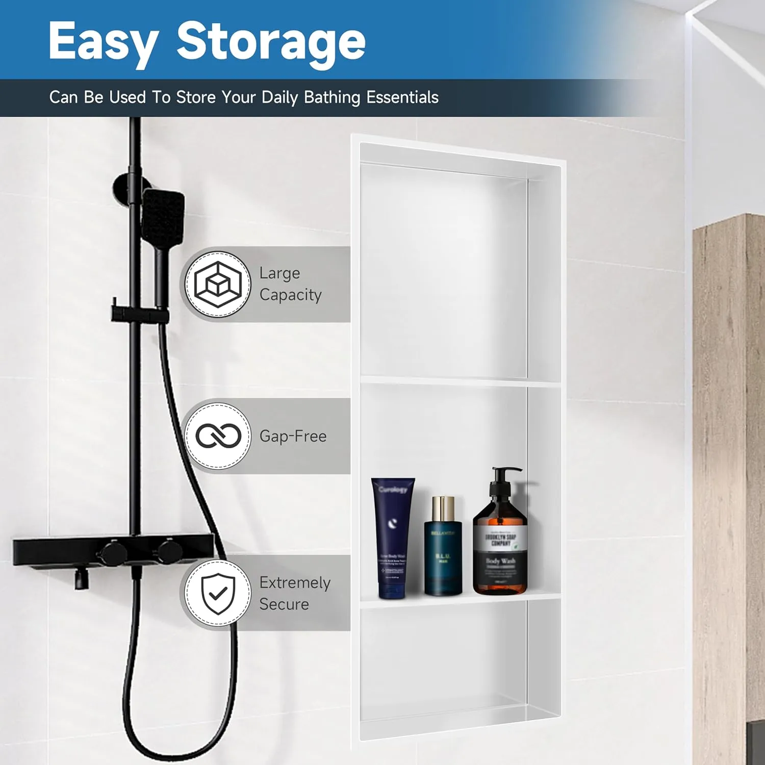 Shower Niche 13 × 31, 3 Shelves Wall Niche Recessed Shelf for Bathroom Storage, Shower Niche Insert Tile Ready No Tile Needed Over Mount Installation, White