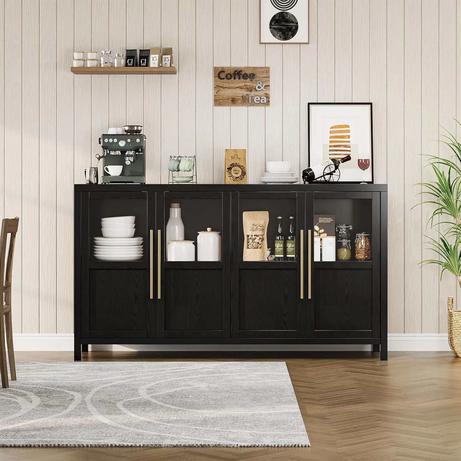 Sideboard Buffet Cabinet with 4 Glass Doors, 55" Large Buffet Cabinet with Storage, Modern Farmhouse Storage Cabinet Table for Kitchen Dining Room, Living Room(Glass with 4 Door, Black)