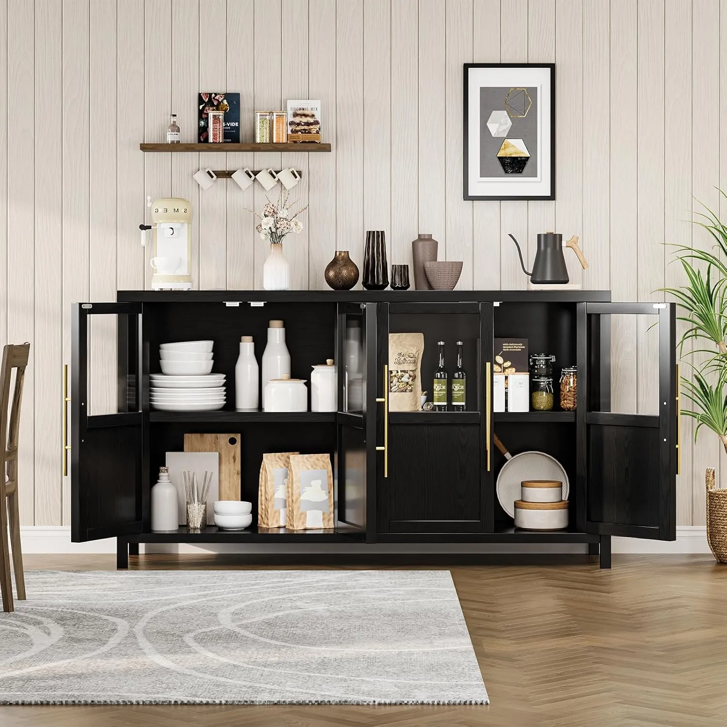 Sideboard Buffet Cabinet with 4 Glass Doors, 55" Large Buffet Cabinet with Storage, Modern Farmhouse Storage Cabinet Table for Kitchen Dining Room, Living Room(Glass with 4 Door, Black)