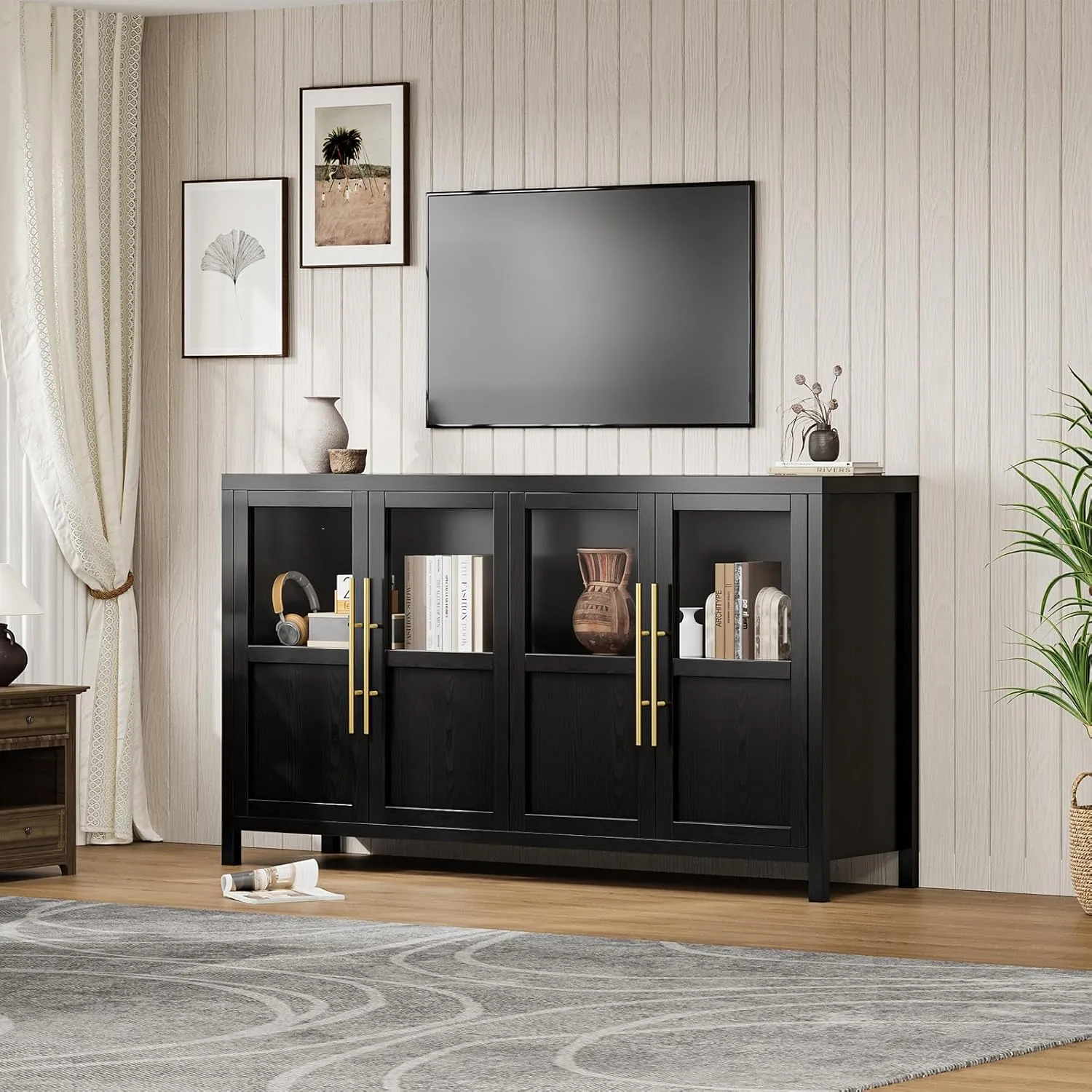 Sideboard Buffet Cabinet with 4 Glass Doors, 55" Large Buffet Cabinet with Storage, Modern Farmhouse Storage Cabinet Table for Kitchen Dining Room, Living Room(Glass with 4 Door, Black)