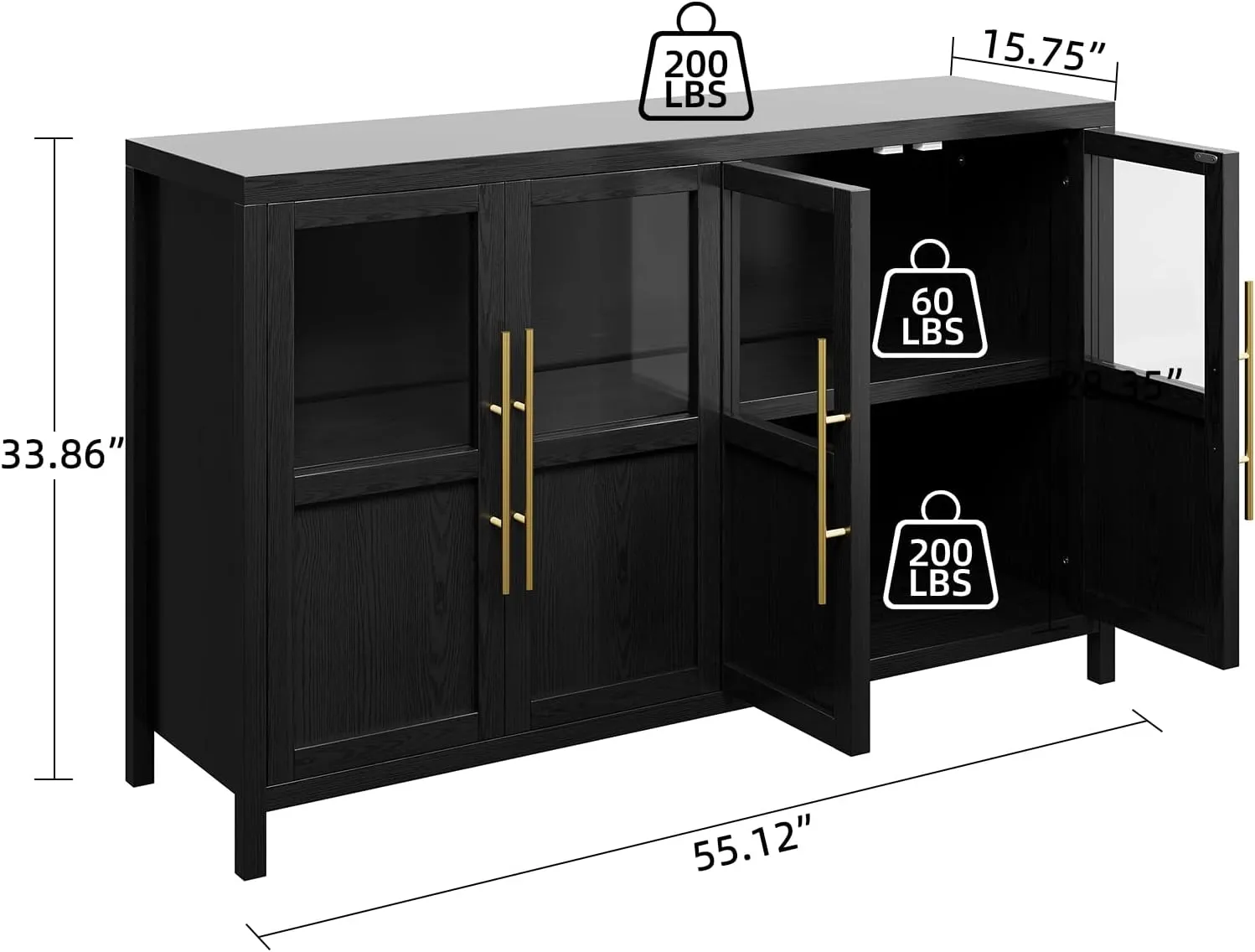 Sideboard Buffet Cabinet with 4 Glass Doors, 55" Large Buffet Cabinet with Storage, Modern Farmhouse Storage Cabinet Table for Kitchen Dining Room, Living Room(Glass with 4 Door, Black)