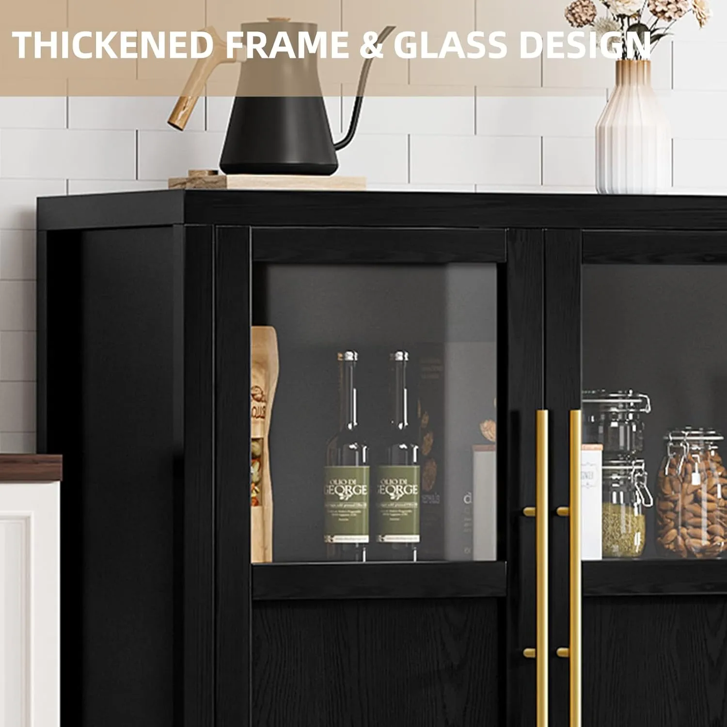 Sideboard Buffet Cabinet with 4 Glass Doors, 55" Large Buffet Cabinet with Storage, Modern Farmhouse Storage Cabinet Table for Kitchen Dining Room, Living Room(Glass with 4 Door, Black)