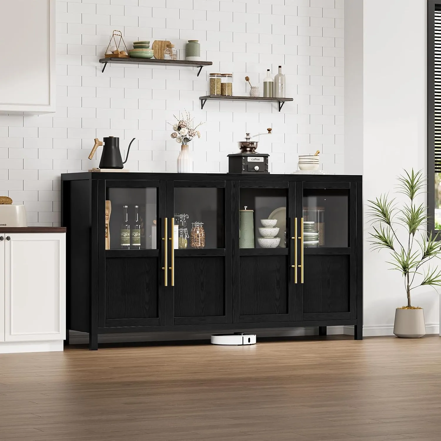 Sideboard Buffet Cabinet with 4 Glass Doors, 55" Large Buffet Cabinet with Storage, Modern Farmhouse Storage Cabinet Table for Kitchen Dining Room, Living Room(Glass with 4 Door, Black)