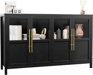 Sideboard Buffet Cabinet with 4 Glass Doors, 55" Large Buffet Cabinet with Storage, Modern Farmhouse Storage Cabinet Table for Kitchen Dining Room, Living Room(Glass with 4 Door, Black)