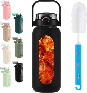SIEROZUR 64oz Glass Water Bottle with Straw and Handle Lid Half Gallon Motivational Glass Bottle with Silicone Sleeve and Time Marker Large Reusable Sports Water Jug for Gym Home Workout