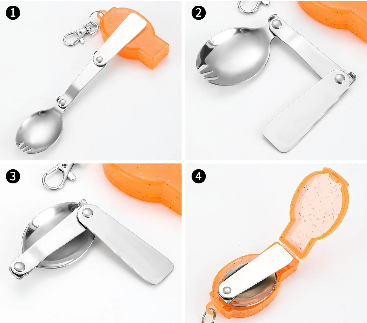 Silverware Set, 1/4/6/8/10/12 Pcs 304 Stainless Steel Spoon Foldable Storage Camping Tableware Creative Outdoor Travel Portable Spoon, Home Flatware Set(Orange,10 Pieces)