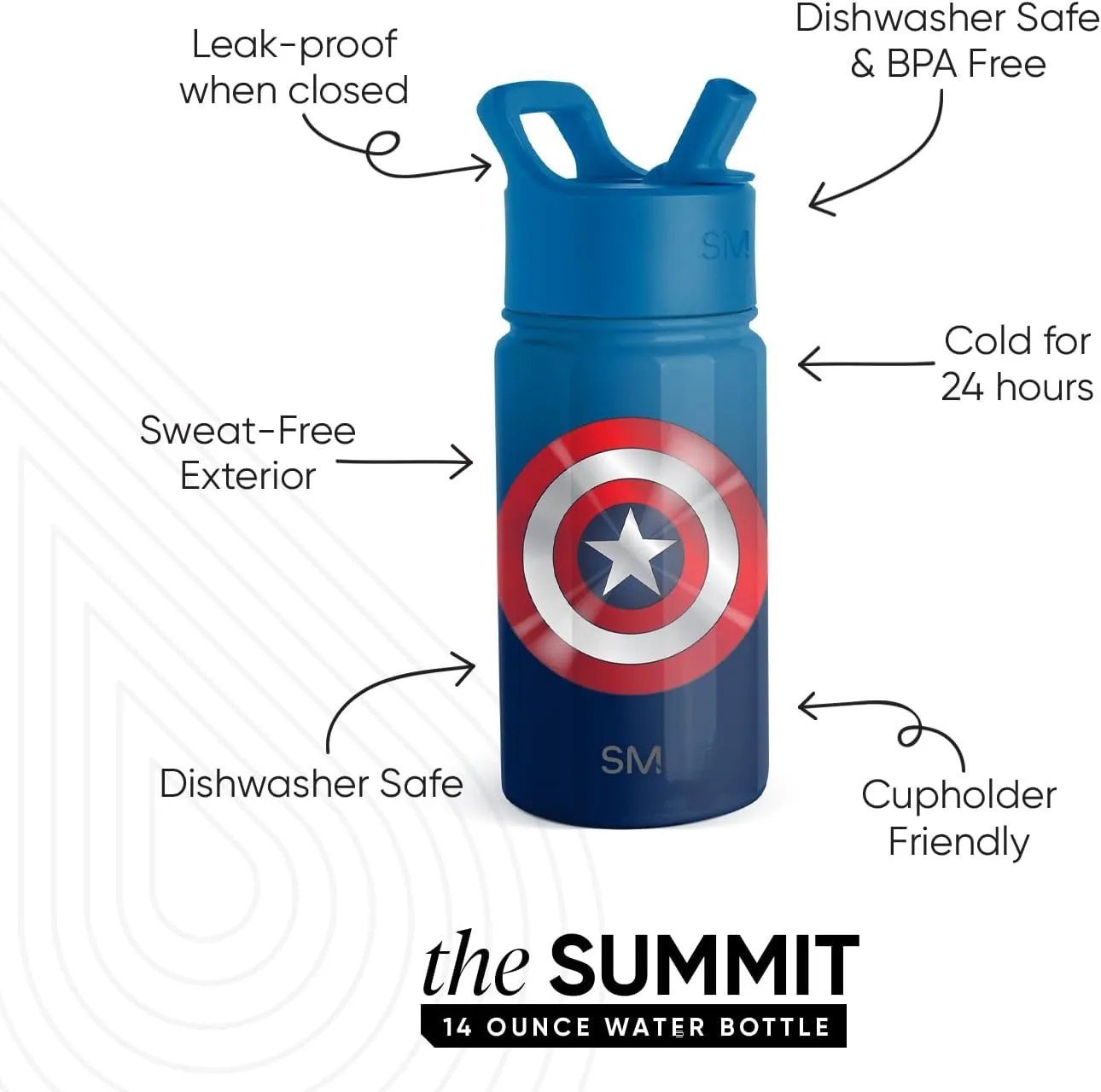 Simple Modern Kids Summit Water Bottle with Straw Lid | Marvel Captain America 14oz Stainless Steel Cup Insulated Tumbler for Toddlers, Boys, School | Captain America