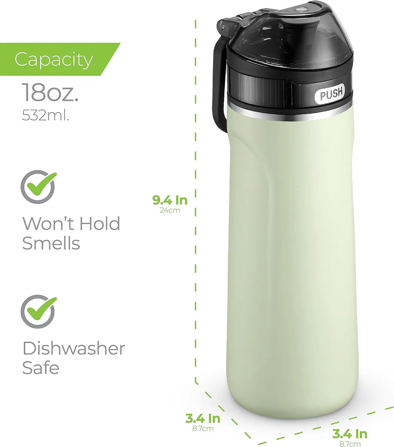 SipX™ Triple-Insulated Stainless Steel Water Bottle - 18oz. With Straw Lid, BPA-Free Reusable Insulated Water Bottle Keeps Cold For 12 Hours, (Green)