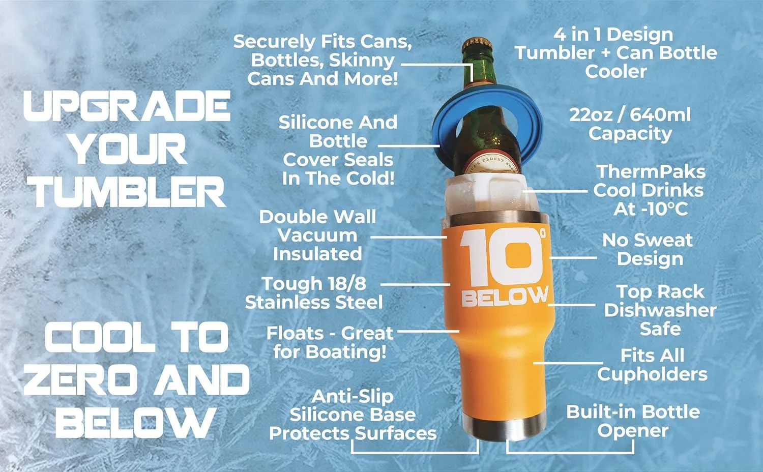 SKADI 10 Below Freezable 22 oz Tumbler/Can and Bottle Cooler w/ThermPak - Cools To Zero And Below! 5 in 1 Design - Ice Blue
