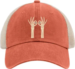 Skeleton Hands Doing ok Gesture Like Binoculars Golf hat Trucker hat Women AllBlack Fishing hat Gifts for Son