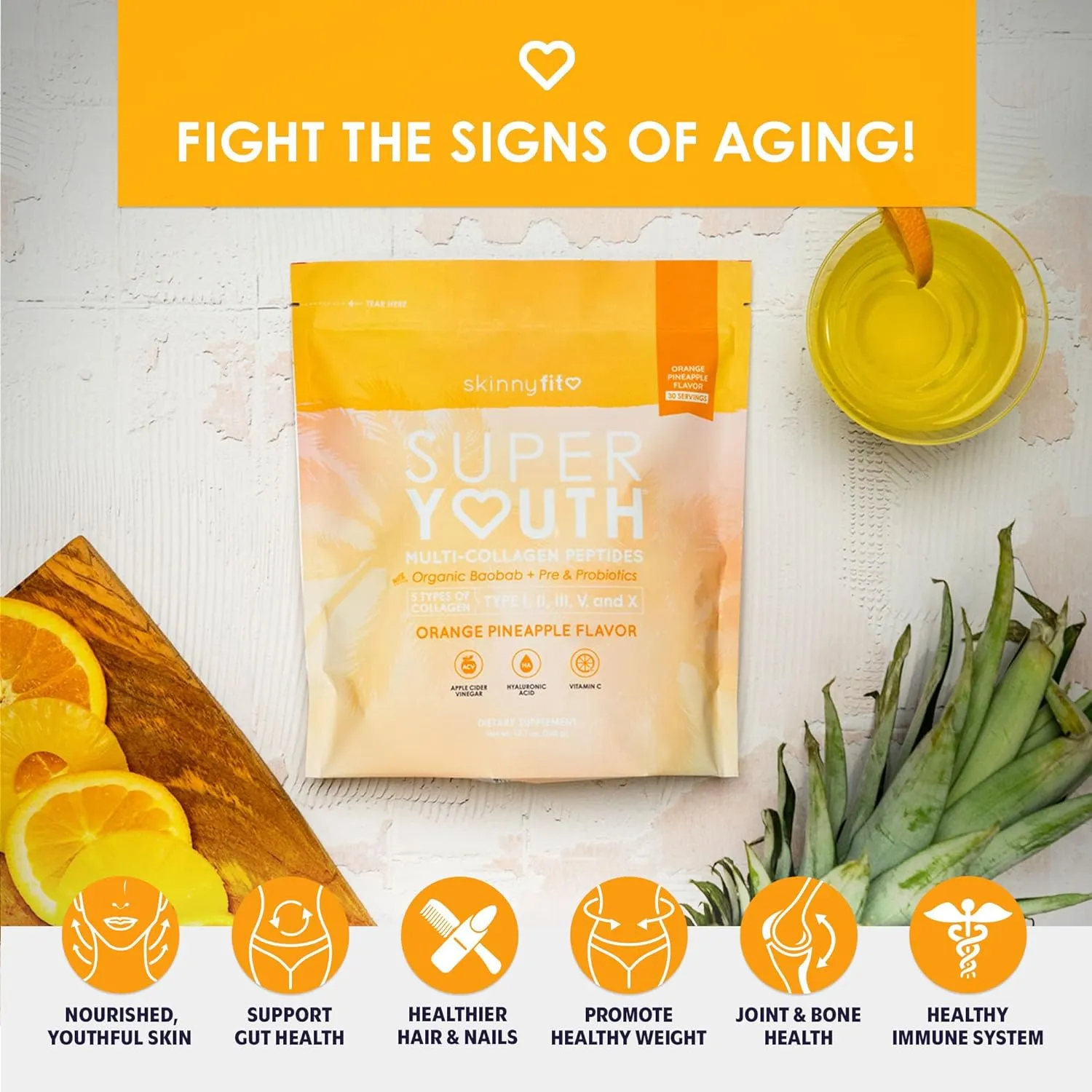 SkinnyFit - Super Youth, Orange Pineapple (30 Servings) - Multi Collagen Peptides Powder - Probiotics, Fiber, Hyaluronic Acid - Collagen for Women - Non GMO, Gluten Free, Sugar Free - Self Care