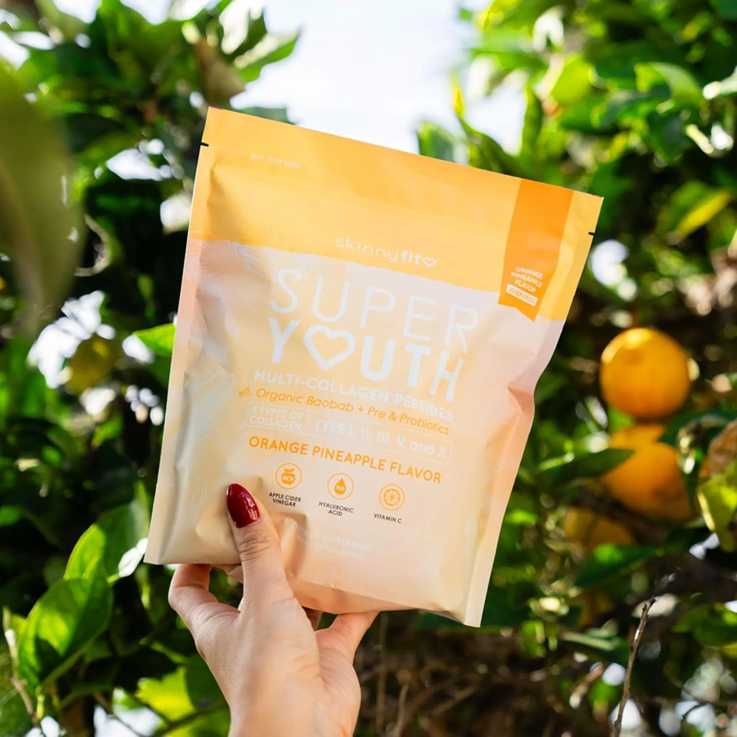 SkinnyFit - Super Youth, Orange Pineapple (30 Servings) - Multi Collagen Peptides Powder - Probiotics, Fiber, Hyaluronic Acid - Collagen for Women - Non GMO, Gluten Free, Sugar Free - Self Care