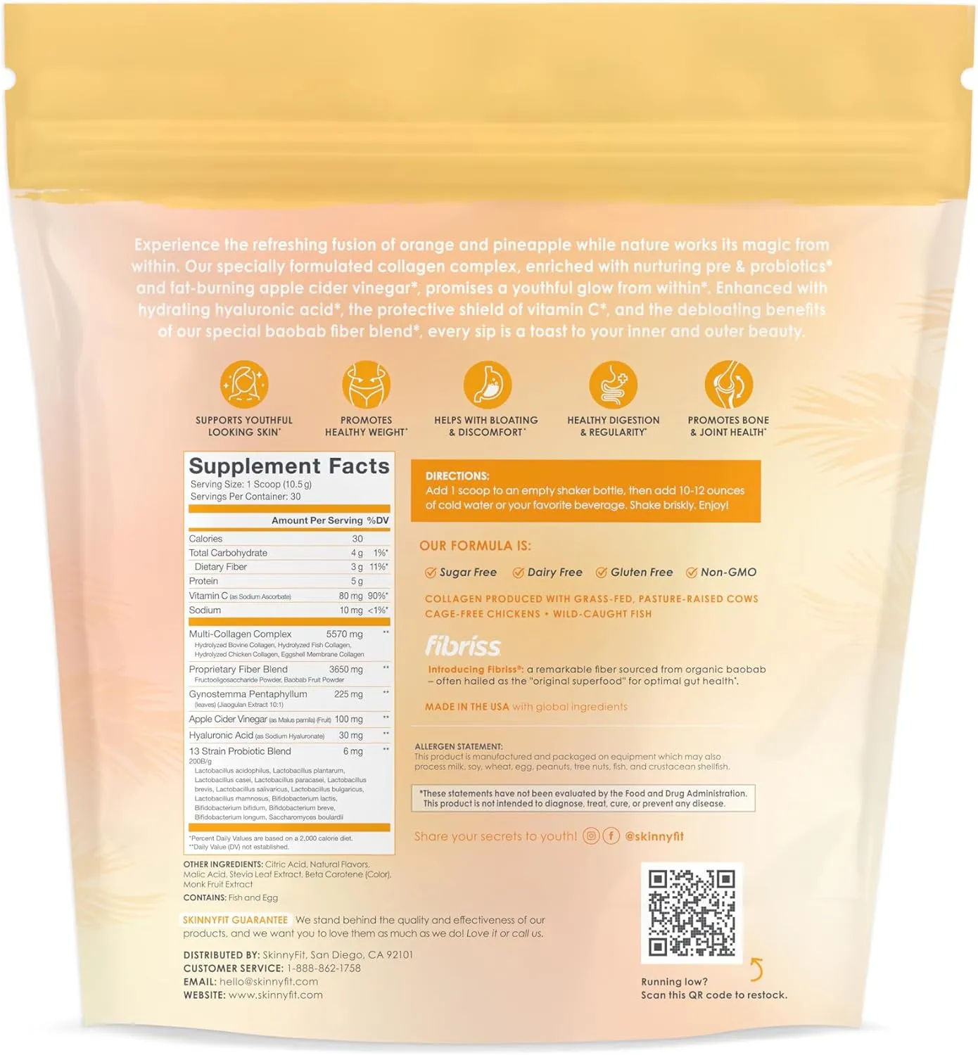 SkinnyFit - Super Youth, Orange Pineapple (30 Servings) - Multi Collagen Peptides Powder - Probiotics, Fiber, Hyaluronic Acid - Collagen for Women - Non GMO, Gluten Free, Sugar Free - Self Care