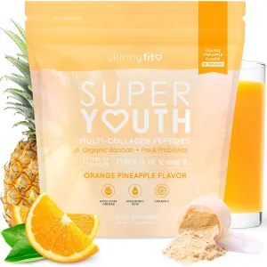 SkinnyFit - Super Youth, Orange Pineapple (30 Servings) - Multi Collagen Peptides Powder - Probiotics, Fiber, Hyaluronic Acid - Collagen for Women - Non GMO, Gluten Free, Sugar Free - Self Care