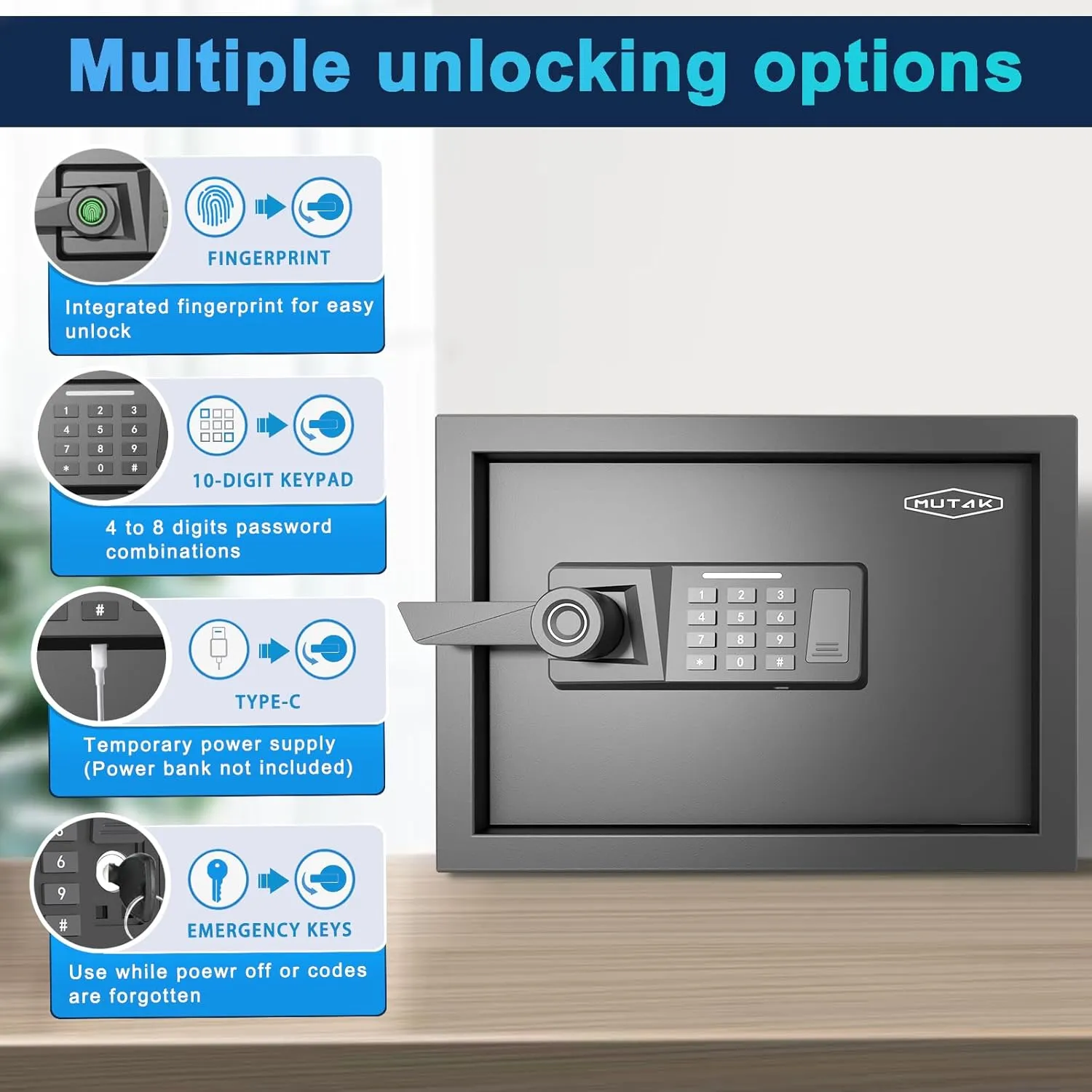Smart Home Safe 1.0 Cub Biometric Safe Box, Quick-Access with Fingerprint Recognition Handle, Keys, Digital Keyboard, & Type-C Port, Equipped with Fireproof Bag&Alarm System, Bright LED