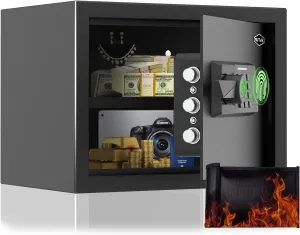 Smart Home Safe 1.0 Cub Biometric Safe Box, Quick-Access with Fingerprint Recognition Handle, Keys, Digital Keyboard, & Type-C Port, Equipped with Fireproof Bag&Alarm System, Bright LED