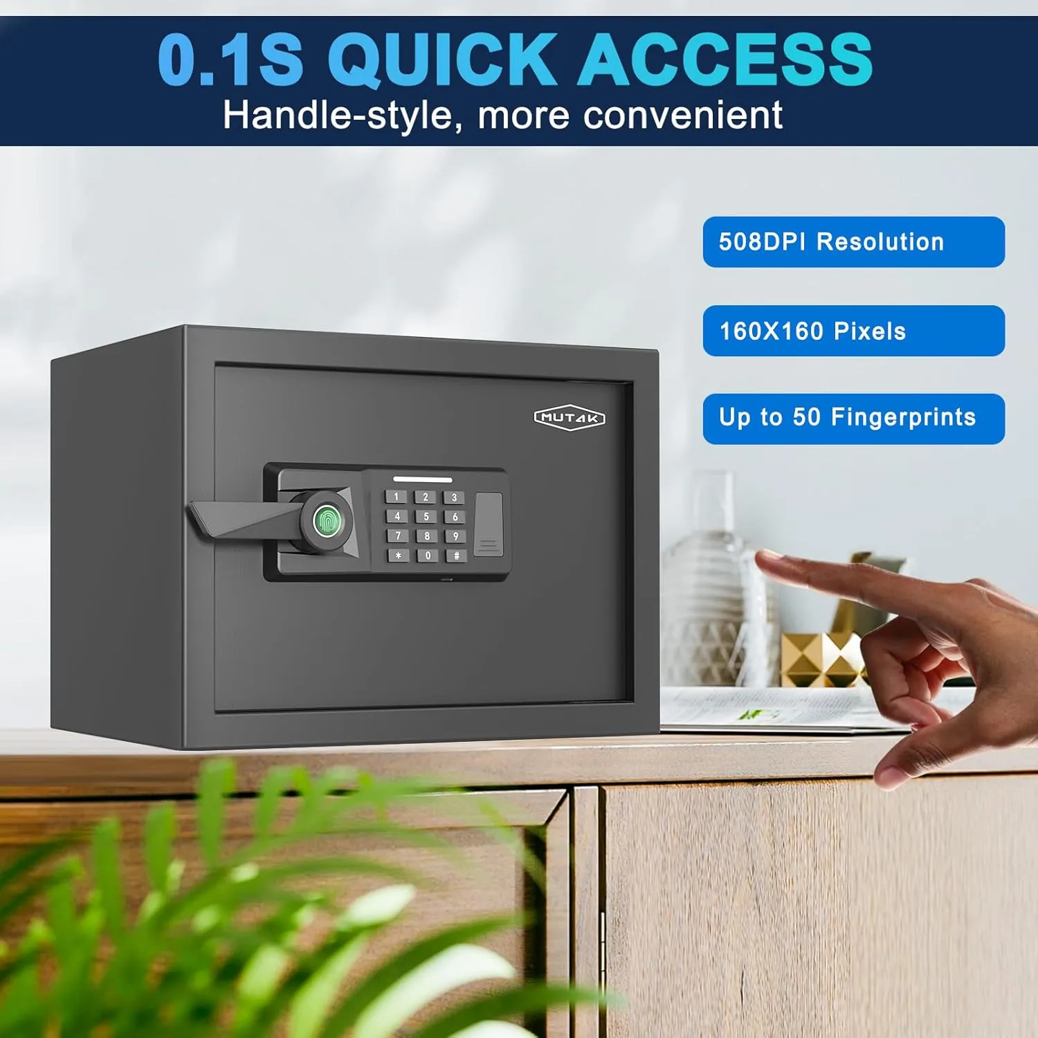 Smart Home Safe 1.0 Cub Biometric Safe Box, Quick-Access with Fingerprint Recognition Handle, Keys, Digital Keyboard, & Type-C Port, Equipped with Fireproof Bag&Alarm System, Bright LED