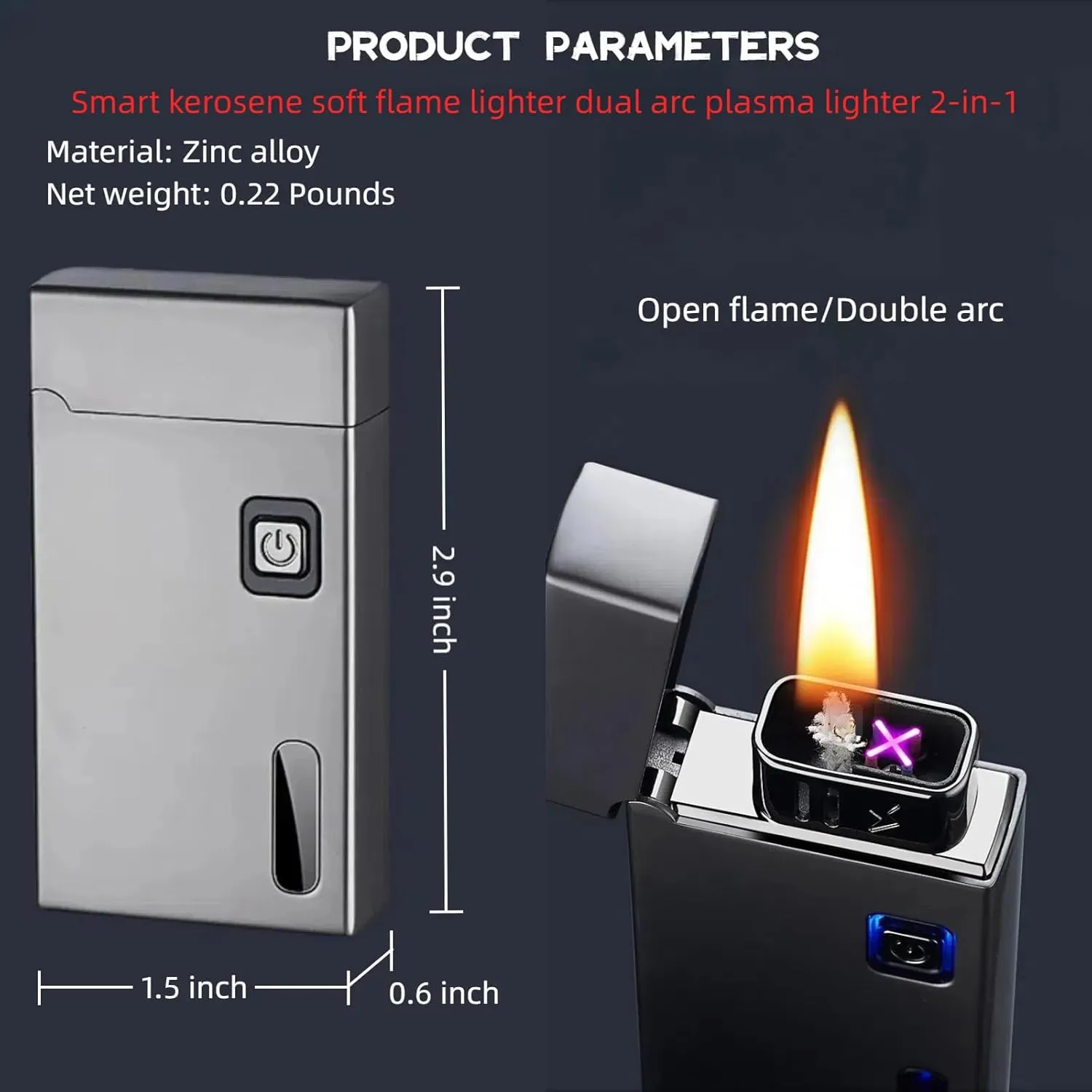 Smart Kerosene Soft Flame Lighter and Windproof Plasma Dual Arc Lighter 2-in-1 with 5 Ignition Methods, Refillable and USB Rechargeable Electric Lighters (Gray, Fuel Not Included)