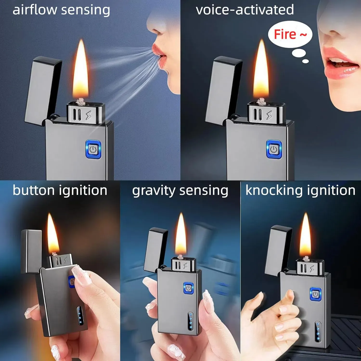Smart Kerosene Soft Flame Lighter and Windproof Plasma Dual Arc Lighter 2-in-1 with 5 Ignition Methods, Refillable and USB Rechargeable Electric Lighters (Gray, Fuel Not Included)