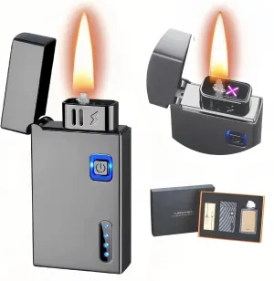 Smart Kerosene Soft Flame Lighter and Windproof Plasma Dual Arc Lighter 2-in-1 with 5 Ignition Methods, Refillable and USB Rechargeable Electric Lighters (Gray, Fuel Not Included)