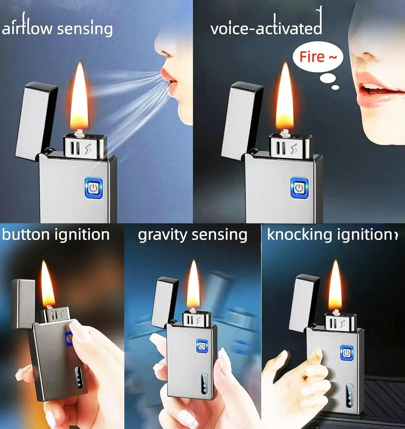 Smart Voice-Activated Kerosene Lighter 5 Modes Dual Fuel LED Display Windproof Good for Camping Hiking Grilling(Gray)