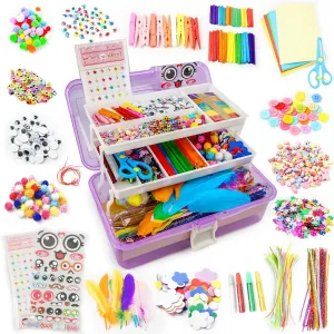 SMILESSKIDDO Arts Craft Supplies for Kids - 1000  PCS Toddler DIY Craft Art Supply Set, Portable 3 Layered Folding Storage Box School Craft Projects - Gifts for Girls Crafts for Girls Ages 4-8 8-12