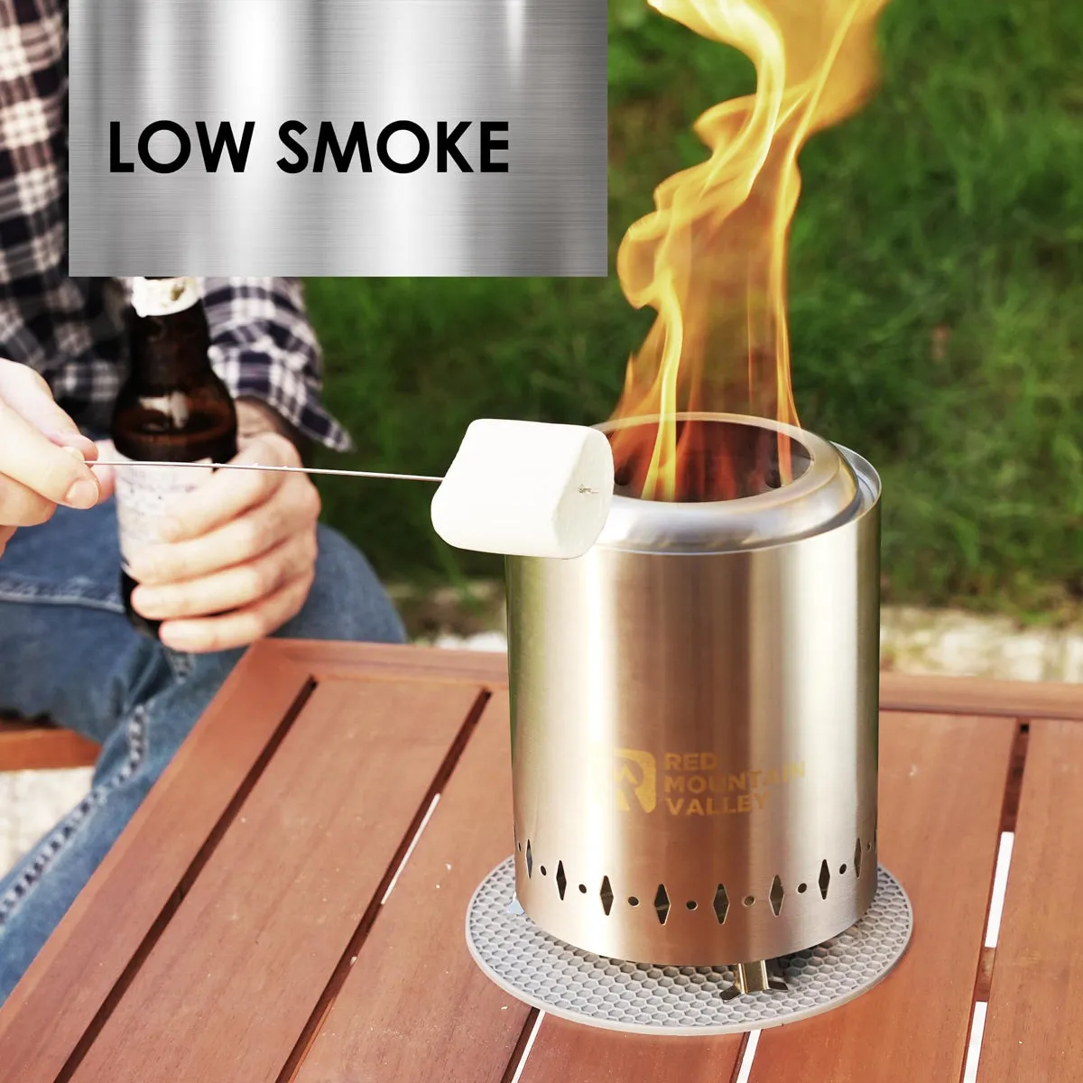 Smokeless Tabletop Fire Pit with Mat, Portable Mini Low Smoke Camping Stove, Stainless Steel, Silver