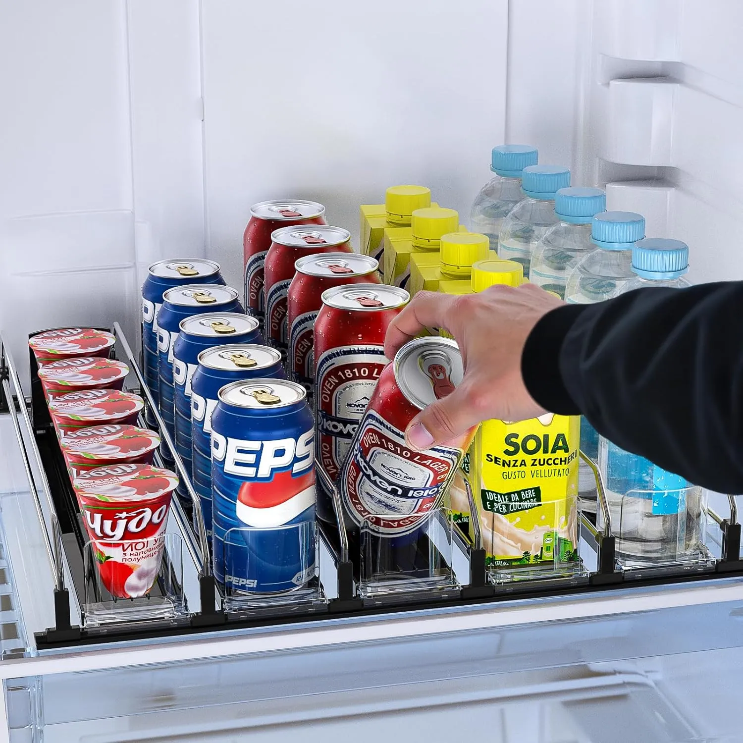 Soda Can Dispenser, Self-Pushing Drink Organizer, Width Adjustable Fridge Organization, Beer Pop Can Water Bottle Dispenser (15.1"D) White (5 Row, Black)