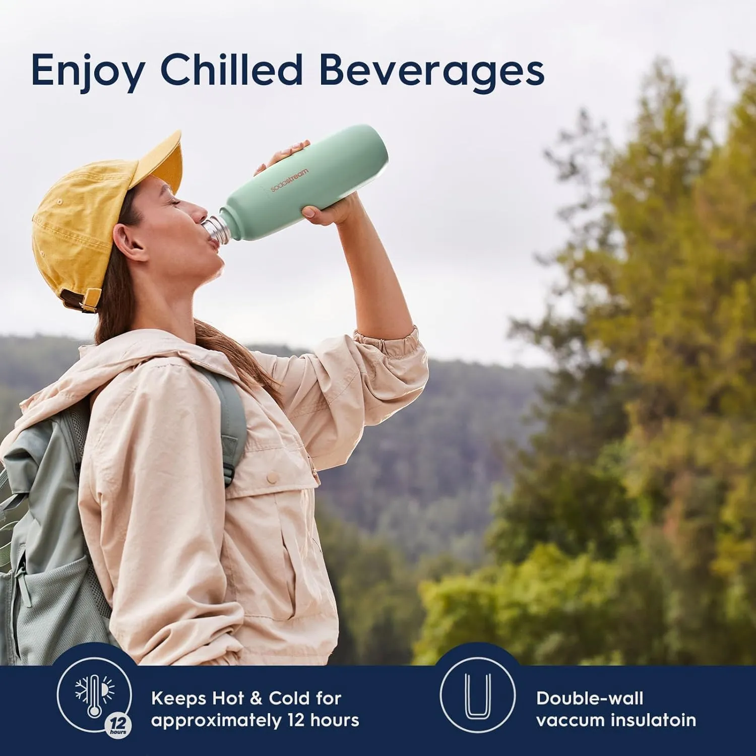 SodaStream 0.9 L Fizz&go Cool Metal Bottle Mint | Dishwasher Safe | Compatible with Duo, E-Duo, Terra and Much More | Keeps Warm & Cold for up to 12 Hours | BPA-Free | Pack of 1