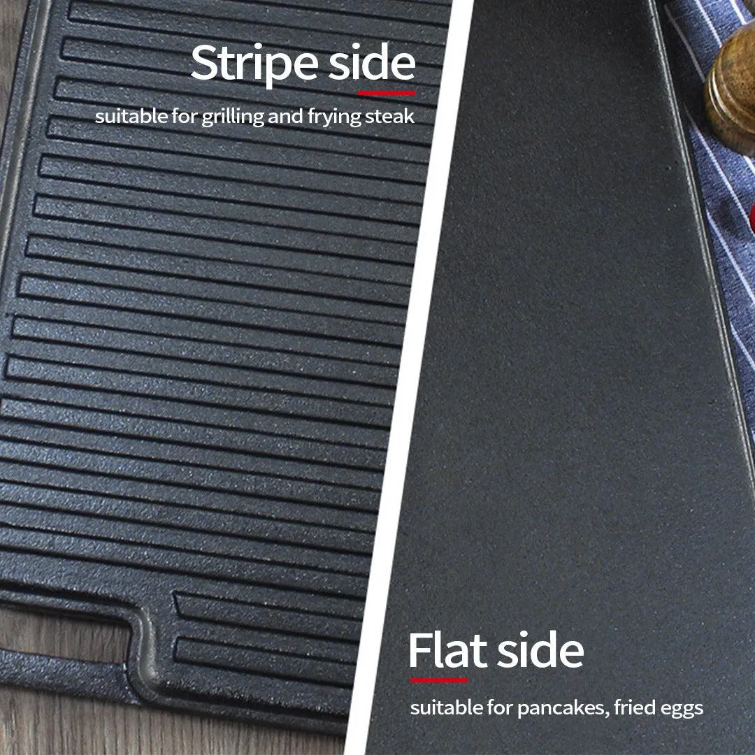 SOGA 2X 45cm Rectangular Cast Iron Portable Fry BBQ Grill Plate Cooking Pan Tray with Handle