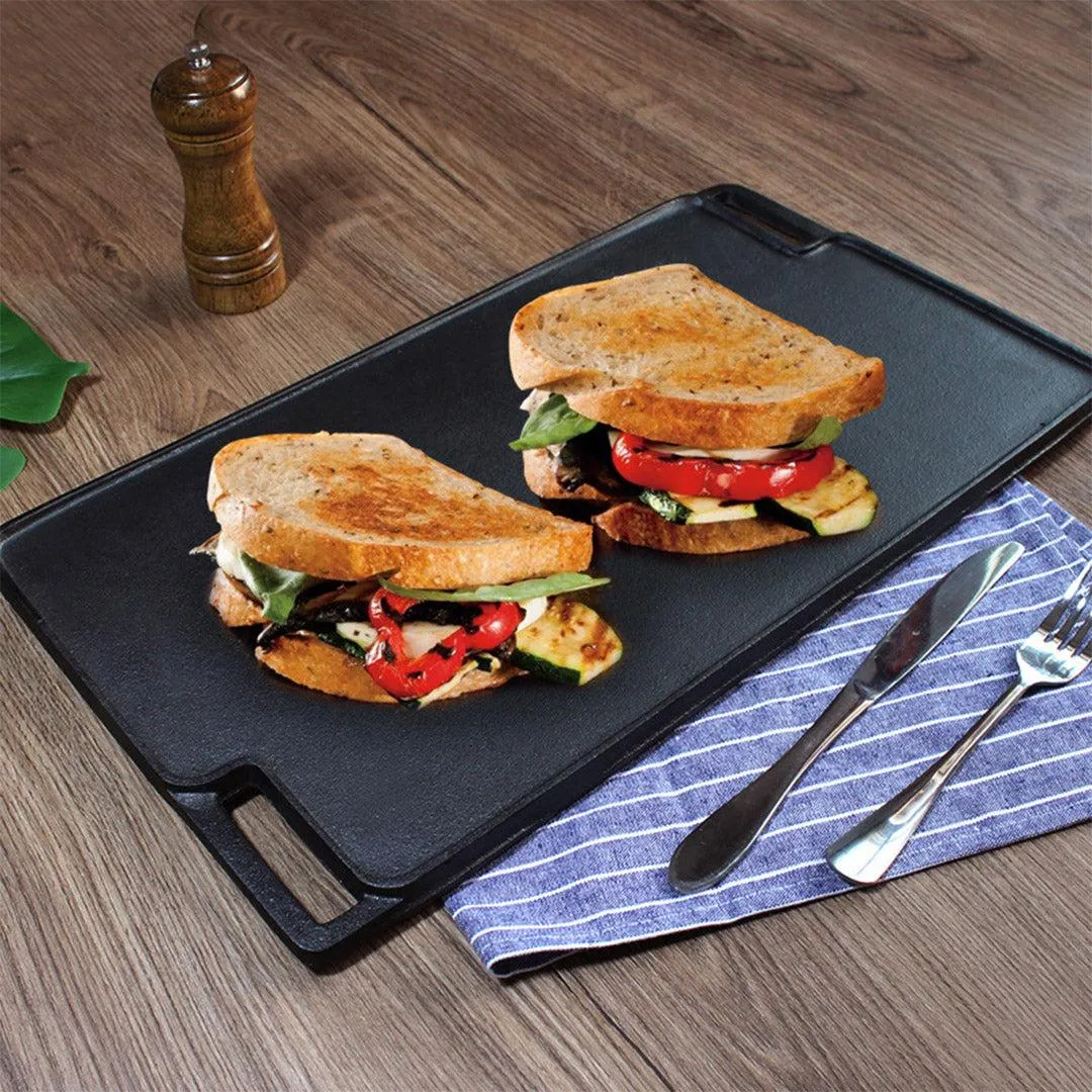 SOGA 2X 45cm Rectangular Cast Iron Portable Fry BBQ Grill Plate Cooking Pan Tray with Handle