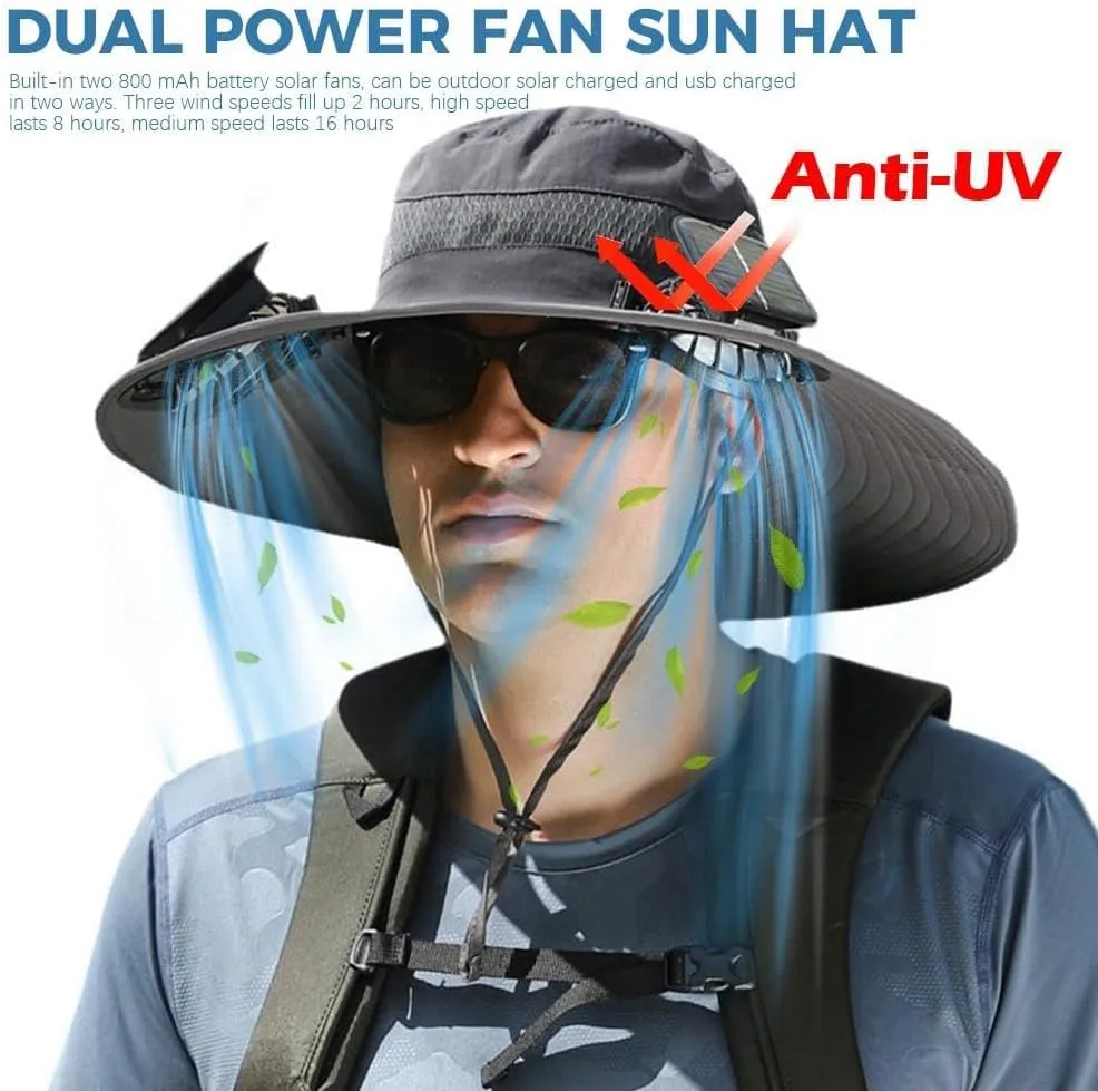 Solar Powered Sun Hat with 2 Fans, Outdoor Wide Brim, USB Rechargeable,One Size Adjustable Unisex Hat for Hiking, Camping
