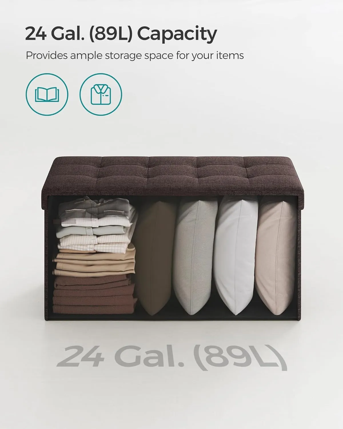 SONGMICS Mazie Collection - 30 Inches Folding Storage Ottoman Bench, Ottoman Foot Rest, End of Bed Bench, Storage Chest, Load 660 lb, for Living Room, Bedroom, Entryway, Brown ULSF047K02