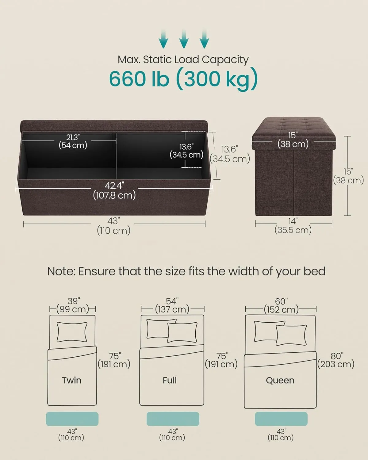 SONGMICS MAZIE Collection - 43 Inches Folding Storage Ottoman Bench, Ottoman Foot Rest, End of Bed Bench, Storage Chest, Load 660 lb, for Living Room, Bedroom, Entryway, Brown ULSF77BR