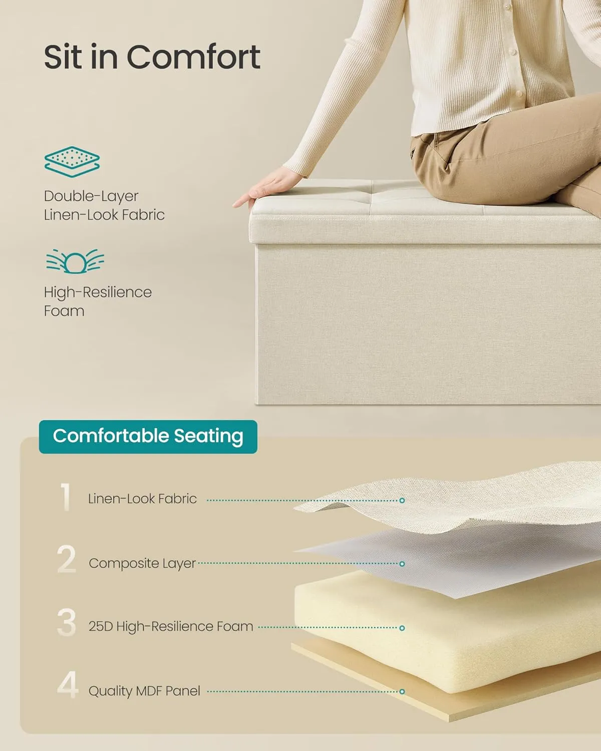 SONGMICS MAZIE Collection - 43 Inches Folding Storage Ottoman Bench, Ottoman Foot Rest, End of Bed Bench, Storage Chest, Load 660 lb, for Living Room, Bedroom, Entryway, Cream White ULSF77BE