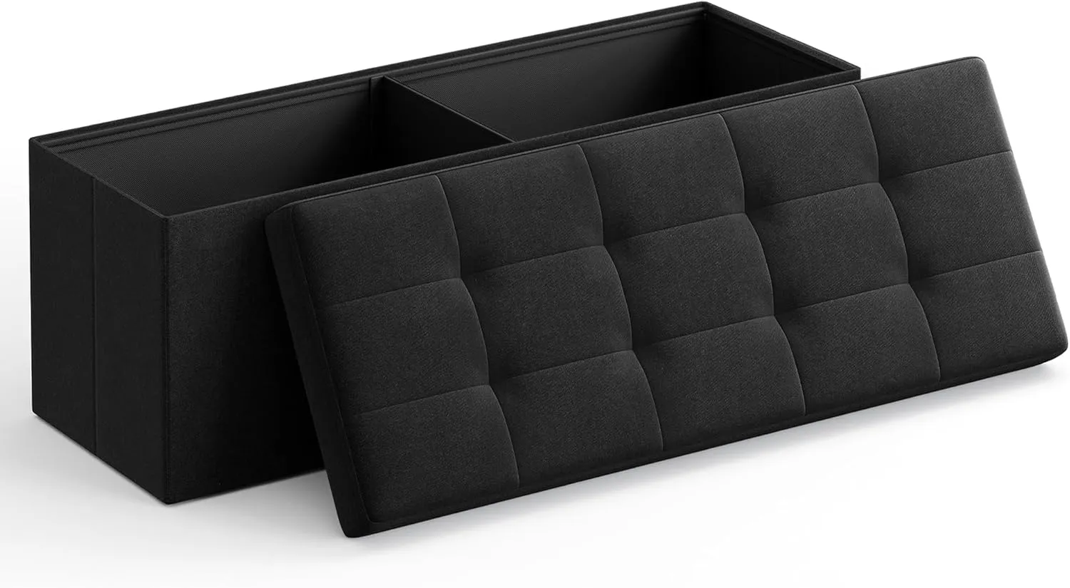 SONGMICS MAZIE Collection - 43 Inches Folding Storage Ottoman Bench, Ottoman Foot Rest, End of Bed Bench, Storage Chest, Load 660 lb, for Living Room, Bedroom, Entryway, Ink Black ULSF077B01