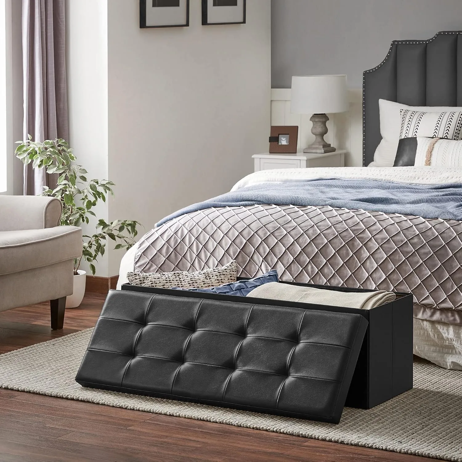 SONGMICS MAZIE Collection - 43 Inches Storage Ottoman Bench with Flipping Lid, Storage Chest with Iron Frame Support, Load 660 lb, for Living Room, Bedroom, Synthetic Leather, Black ULSF75BK