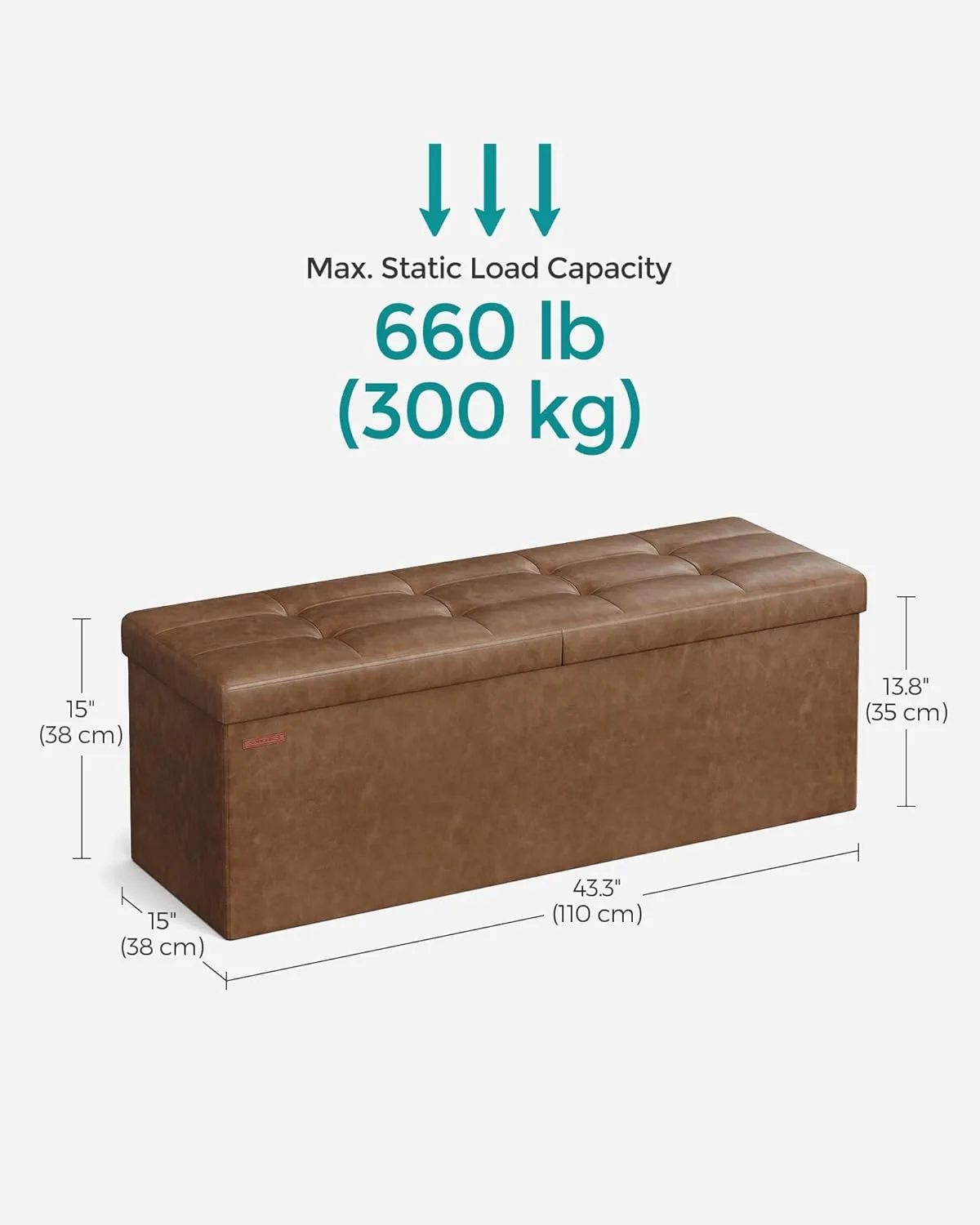 SONGMICS MAZIE Collection - 43 Inches Storage Ottoman Bench with Flipping Lid, Storage Chest with Iron Frame Support, Load 660 lb, for Living Room, Bedroom, Synthetic Leather, Coffee Brown ULSF075K01