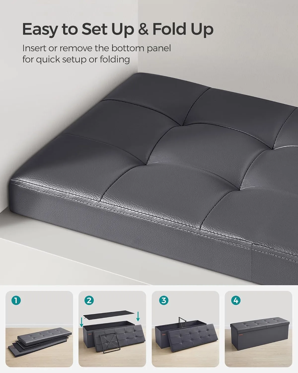 SONGMICS MAZIE Collection - 43 Inches Storage Ottoman Bench with Flipping Lid, Storage Chest with Iron Frame Support, Load 660 lb, for Living Room, Bedroom, Synthetic Leather, Dark Gray ULSF075G01