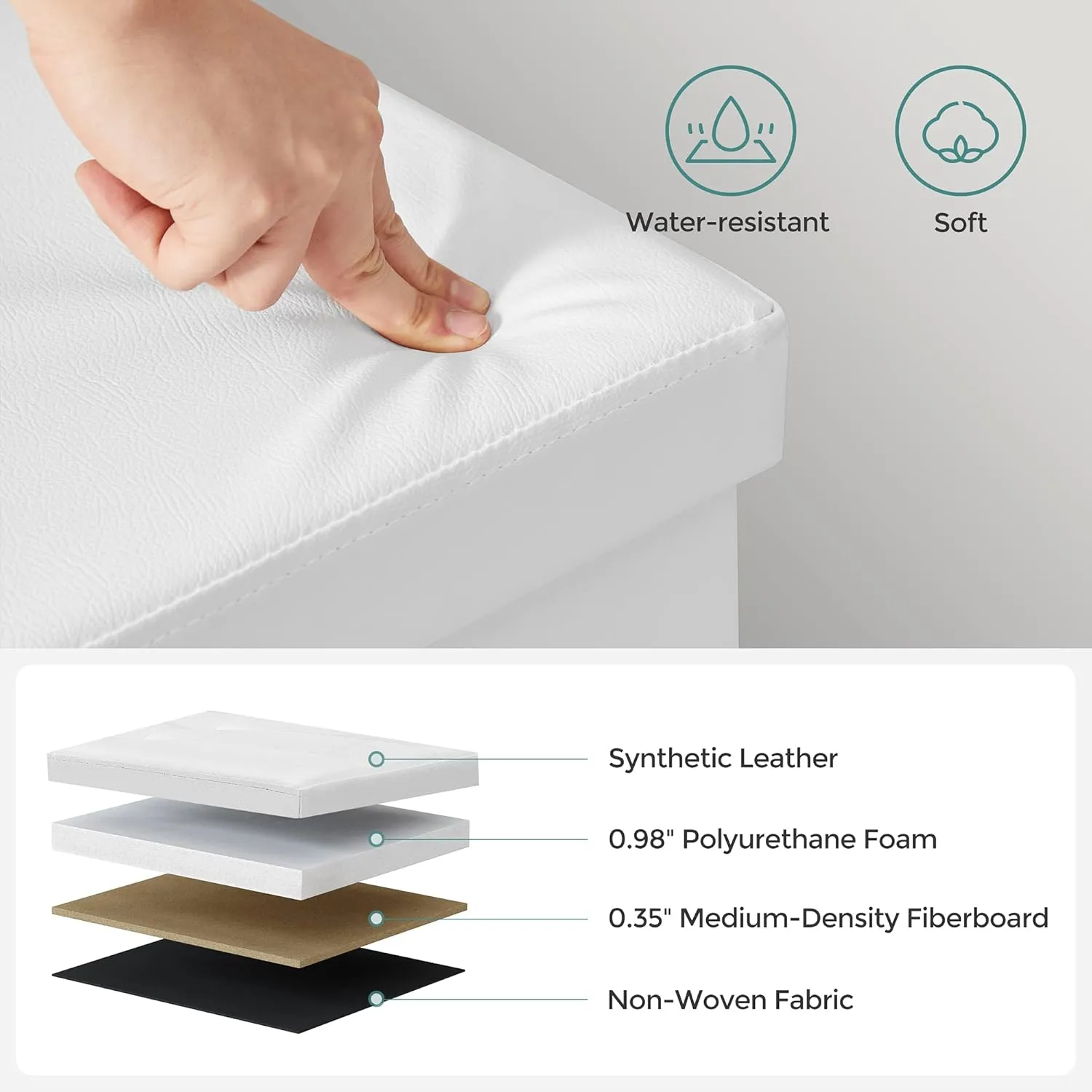 SONGMICS MAZIE Collection - 43 Inches Storage Ottoman Bench with Flipping Lid, Storage Chest with Iron Frame Support, Load 660 lb, for Living Room, Bedroom, Synthetic Leather, White ULSF75WT