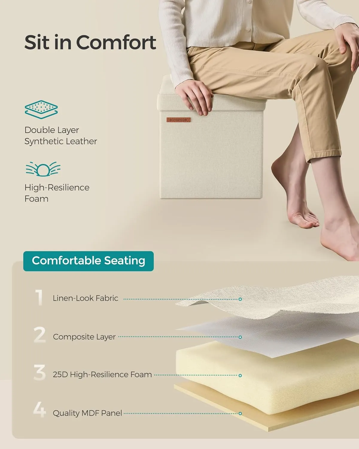 SONGMICS Storage Ottoman, Foldable Small Ottoman Foot Rest, 11.8 Inches Foot Stool, Cube Ottoman with Storage, Load up to 286 lb, for Living Room, Bedroom, Dorm, Cream White ULSF028W01