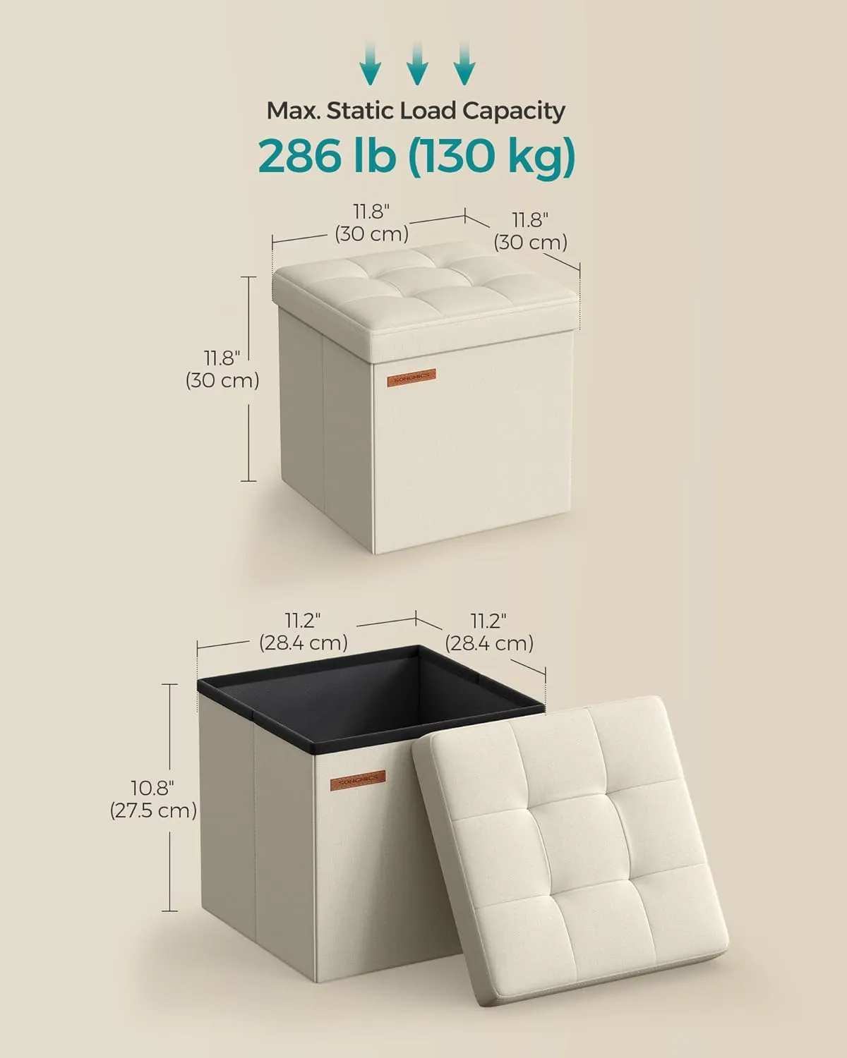 SONGMICS Storage Ottoman, Foldable Small Ottoman Foot Rest, 11.8 Inches Foot Stool, Cube Ottoman with Storage, Load up to 286 lb, for Living Room, Bedroom, Dorm, Cream White ULSF028W01