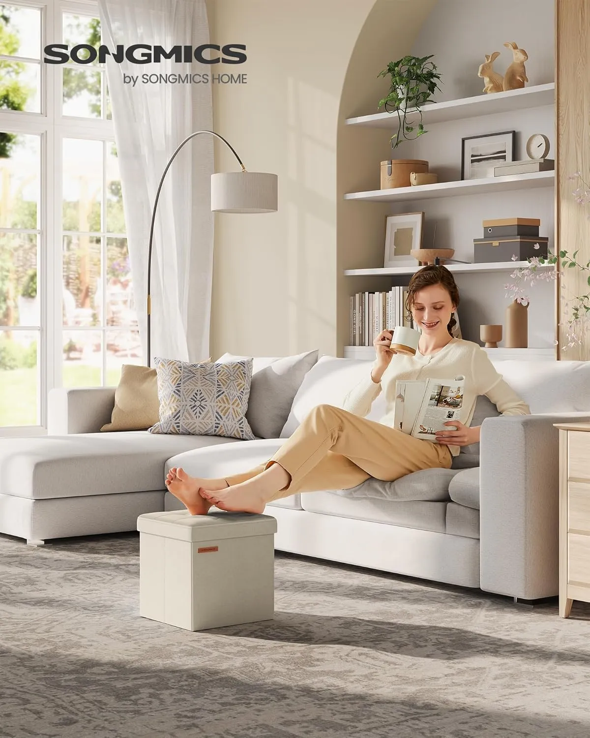 SONGMICS Storage Ottoman, Foldable Small Ottoman Foot Rest, 11.8 Inches Foot Stool, Cube Ottoman with Storage, Load up to 286 lb, for Living Room, Bedroom, Dorm, Cream White ULSF028W01
