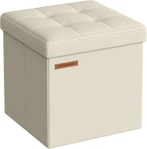 SONGMICS Storage Ottoman, Foldable Small Ottoman Foot Rest, 11.8 Inches Foot Stool, Cube Ottoman with Storage, Load up to 286 lb, for Living Room, Bedroom, Dorm, Cream White ULSF028W01