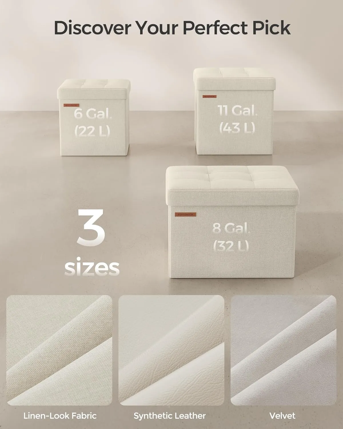 SONGMICS Storage Ottoman, Foldable Small Ottoman Foot Rest, 11.8 Inches Foot Stool, Cube Ottoman with Storage, Load up to 286 lb, for Living Room, Bedroom, Dorm, Cream White ULSF028W01