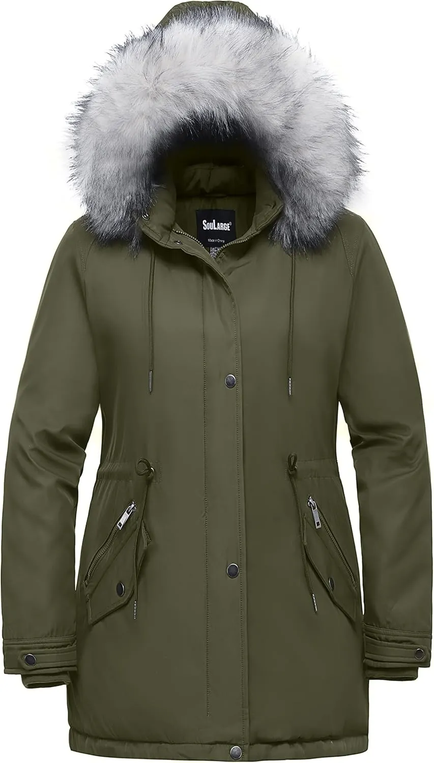 Soularge Women's Plus Size Winter Insulated Parka Coat with Faux Fur Hood