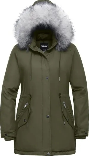 Soularge Women's Plus Size Winter Insulated Parka Coat with Faux Fur Hood